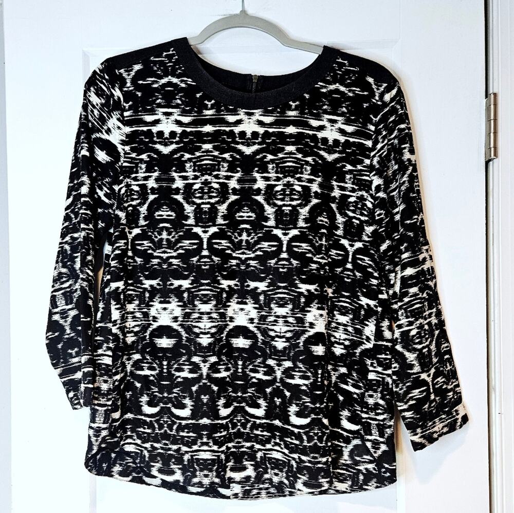 J.Crew Blurred Ikat Print Wool Trim 3/4 Sleeve Blouse Size 6